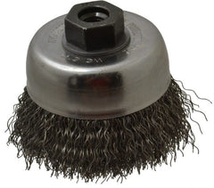 Weiler - 3" Diam, M10x1.25 Threaded Arbor, Steel Fill Cup Brush - 0.014 Wire Diam, 7/8" Trim Length, 14,000 Max RPM - Exact Tooling