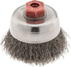 Weiler - 3" Diam, M10x1.50 Threaded Arbor, Steel Fill Cup Brush - 0.014 Wire Diam, 7/8" Trim Length, 14,000 Max RPM - Exact Tooling