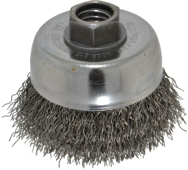 Weiler - 3" Diam, 5/8-11 Threaded Arbor, Steel Fill Cup Brush - 0.014 Wire Diam, 7/8" Trim Length, 14,000 Max RPM - Exact Tooling