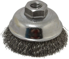 Weiler - 3-1/2" Diam, 5/8-11 Threaded Arbor, Steel Fill Cup Brush - 0.014 Wire Diam, 7/8" Trim Length, 12,000 Max RPM - Exact Tooling