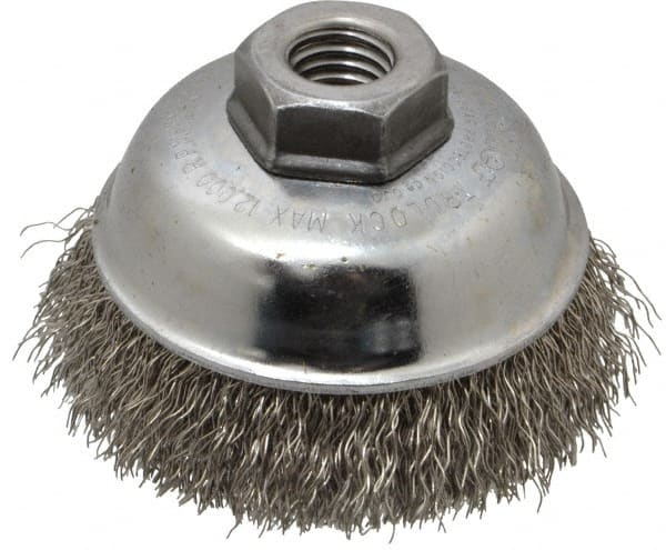 Weiler - 3-1/2" Diam, 5/8-11 Threaded Arbor, Stainless Steel Fill Cup Brush - 0.014 Wire Diam, 7/8" Trim Length, 12,000 Max RPM - Exact Tooling