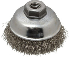 Weiler - 3-1/2" Diam, 5/8-11 Threaded Arbor, Stainless Steel Fill Cup Brush - 0.014 Wire Diam, 7/8" Trim Length, 12,000 Max RPM - Exact Tooling