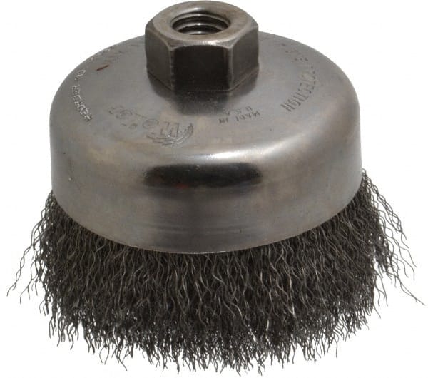 Weiler - 4" Diam, 5/8-11 Threaded Arbor, Steel Fill Cup Brush - 0.0118 Wire Diam, 1-3/8" Trim Length, 9,000 Max RPM - Exact Tooling