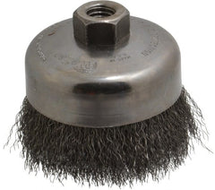 Weiler - 4" Diam, 5/8-11 Threaded Arbor, Steel Fill Cup Brush - 0.0118 Wire Diam, 1-3/8" Trim Length, 9,000 Max RPM - Exact Tooling