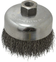 Weiler - 4" Diam, 5/8-11 Threaded Arbor, Steel Fill Cup Brush - 0.014 Wire Diam, 1-3/8" Trim Length, 9,000 Max RPM - Exact Tooling