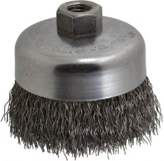 Weiler - 4" Diam, 5/8-11 Threaded Arbor, Steel Fill Cup Brush - 0.02 Wire Diam, 1-3/8" Trim Length, 9,000 Max RPM - Exact Tooling