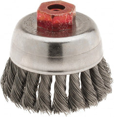 Weiler - 2-3/4" Diam, M10x1.50 Threaded Arbor, Steel Fill Cup Brush - 0.014 Wire Diam, 7/8" Trim Length, 14,000 Max RPM - Exact Tooling