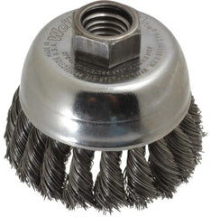 Weiler - 2-3/4" Diam, 5/8-11 Threaded Arbor, Steel Fill Cup Brush - 0.014 Wire Diam, 7/8" Trim Length, 14,000 Max RPM - Exact Tooling