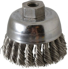 Weiler - 2-3/4" Diam, 1/2-13 Threaded Arbor, Stainless Steel Fill Cup Brush - 0.02 Wire Diam, 7/8" Trim Length, 14,000 Max RPM - Exact Tooling