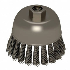 Weiler - 2-3/4" Diam, 5/8-11 Threaded Arbor, Stainless Steel Fill Cup Brush - 0.02 Wire Diam, 7/8" Trim Length, 14,000 Max RPM - Exact Tooling