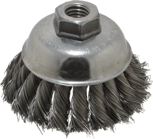 Weiler - 3-1/2" Diam, 5/8-11 Threaded Arbor, Steel Fill Cup Brush - 0.014 Wire Diam, 1-1/4" Trim Length, 9,000 Max RPM - Exact Tooling