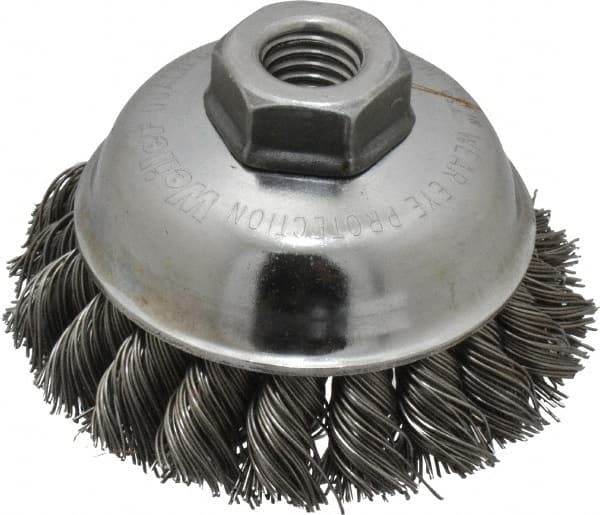 Weiler - 3-1/2" Diam, 5/8-11 Threaded Arbor, Steel Fill Cup Brush - 0.023 Wire Diam, 7/8" Trim Length, 13,000 Max RPM - Exact Tooling