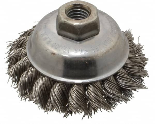 Weiler - 3-1/2" Diam, 5/8-11 Threaded Arbor, Stainless Steel Fill Cup Brush - 0.023 Wire Diam, 7/8" Trim Length, 13,000 Max RPM - Exact Tooling