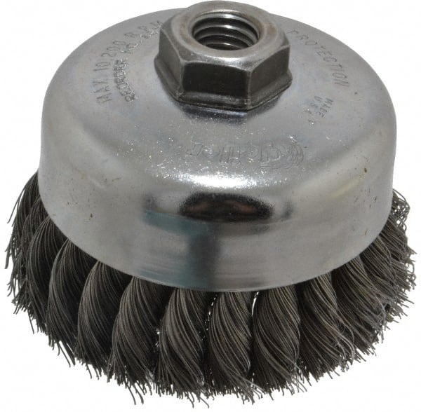 Weiler - 4" Diam, 5/8-11 Threaded Arbor, Steel Fill Cup Brush - 0.014 Wire Diam, 1-1/4" Trim Length, 9,000 Max RPM - Exact Tooling