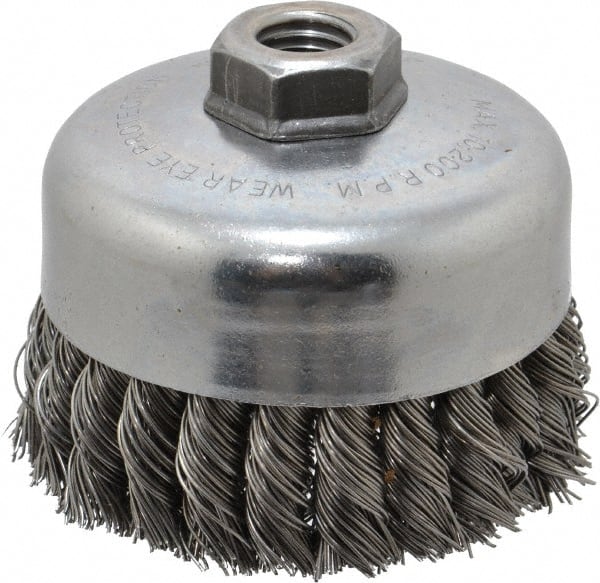 Weiler - 4" Diam, 5/8-11 Threaded Arbor, Steel Fill Cup Brush - 0.023 Wire Diam, 1-1/4" Trim Length, 9,000 Max RPM - Exact Tooling
