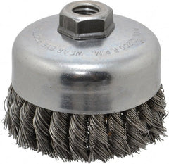 Weiler - 4" Diam, 5/8-11 Threaded Arbor, Steel Fill Cup Brush - 0.023 Wire Diam, 1-1/4" Trim Length, 9,000 Max RPM - Exact Tooling