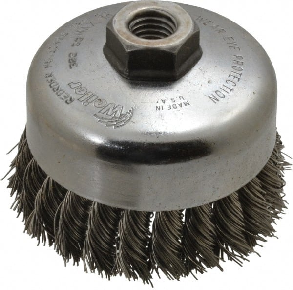 Weiler - 4" Diam, 5/8-11 Threaded Arbor, Stainless Steel Fill Cup Brush - 0.023 Wire Diam, 1-1/4" Trim Length, 9,000 Max RPM - Exact Tooling