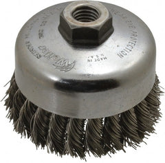 Weiler - 4" Diam, 5/8-11 Threaded Arbor, Stainless Steel Fill Cup Brush - 0.023 Wire Diam, 1-1/4" Trim Length, 9,000 Max RPM - Exact Tooling