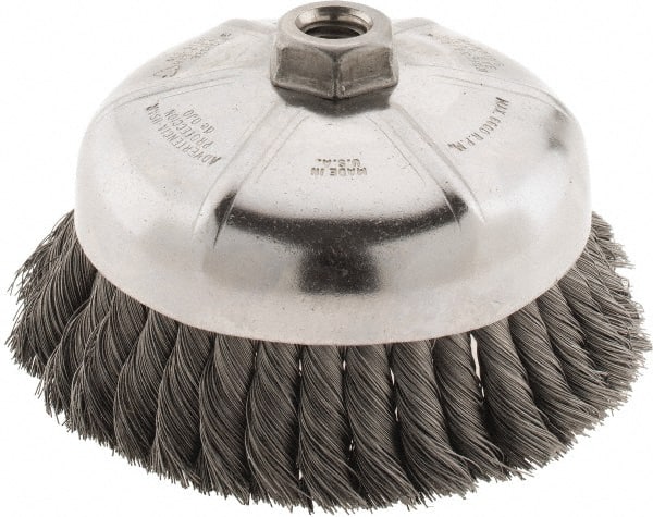 Weiler - 6" Diam, 5/8-11 Threaded Arbor, Steel Fill Cup Brush - 0.014 Wire Diam, 1-3/8" Trim Length, 6,600 Max RPM - Exact Tooling