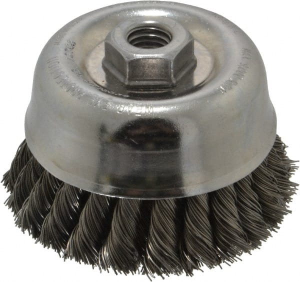 Weiler - 4" Diam, 5/8-11 Threaded Arbor, Steel Fill Cup Brush - 0.02 Wire Diam, 1-3/8" Trim Length, 9,000 Max RPM - Exact Tooling