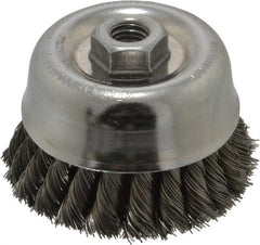 Weiler - 4" Diam, 5/8-11 Threaded Arbor, Steel Fill Cup Brush - 0.02 Wire Diam, 1-3/8" Trim Length, 9,000 Max RPM - Exact Tooling