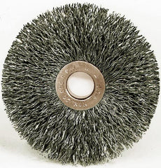 Weiler - 15" OD, 1-1/4" Arbor Hole, Crimped Steel Wheel Brush - 3/4" Face Width, 4-7/16" Trim Length, 0.014" Filament Diam, 3,000 RPM - Exact Tooling