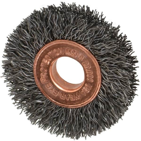Weiler - 1-1/2" OD, 3/8" Arbor Hole, Crimped Steel Wheel Brush - 1/4" Face Width, 7/16" Trim Length, 0.0104" Filament Diam, 20,000 RPM - Exact Tooling