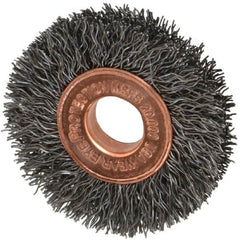 Weiler - 1-1/2" OD, 3/8" Arbor Hole, Crimped Steel Wheel Brush - 1/4" Face Width, 7/16" Trim Length, 0.0104" Filament Diam, 20,000 RPM - Exact Tooling