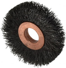 Weiler - 2" OD, 1/2" Arbor Hole, Crimped Steel Wheel Brush - 3/8" Face Width, 1/2" Trim Length, 0.008" Filament Diam, 20,000 RPM - Exact Tooling