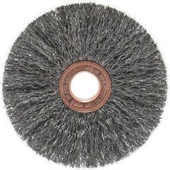 Weiler - 3" OD, 1/2" Arbor Hole, Crimped Steel Wheel Brush - 5/8" Face Width, 1" Trim Length, 0.008" Filament Diam, 20,000 RPM - Exact Tooling