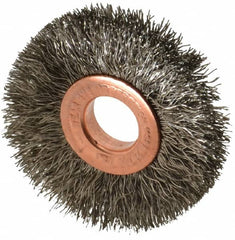 Weiler - 2" OD, 1/2" Arbor Hole, Crimped Stainless Steel Wheel Brush - 3/8" Face Width, 1/2" Trim Length, 0.0104" Filament Diam, 20,000 RPM - Exact Tooling
