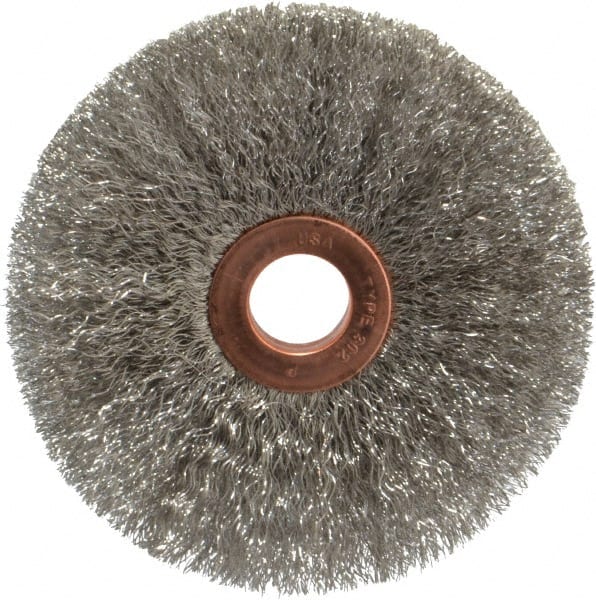 Weiler - 3" OD, 1/2" Arbor Hole, Crimped Stainless Steel Wheel Brush - 5/8" Face Width, 1" Trim Length, 0.006" Filament Diam, 20,000 RPM - Exact Tooling