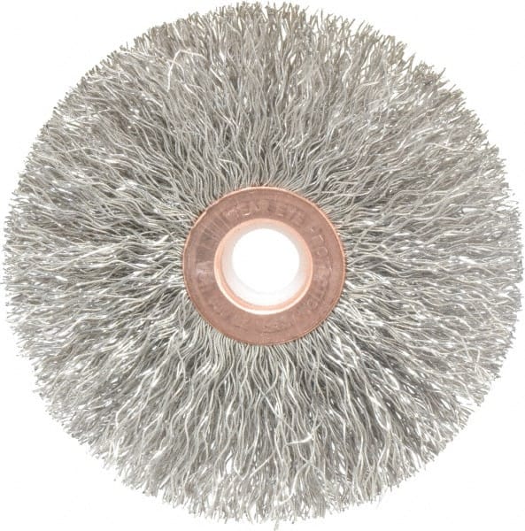 Weiler - 3" OD, 1/2" Arbor Hole, Crimped Stainless Steel Wheel Brush - 5/8" Face Width, 1" Trim Length, 0.0118" Filament Diam, 20,000 RPM - Exact Tooling