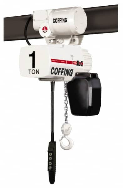Coffing - 1/2 Ton Capacity, 32 FPM Lift Speed, 230/460 Volt, Hoist with Motorized Trolley - 1 Output hp, 20' Max Lift, 17-15/16" Min Headroom, 1 Chain - Exact Tooling