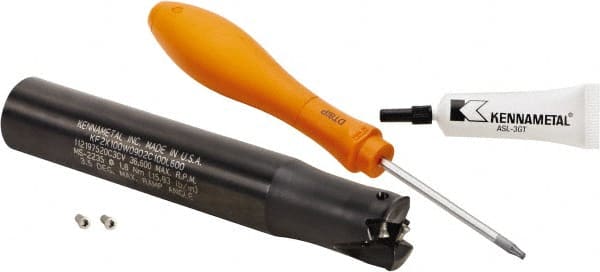 Kennametal - 1" Cut Diam, 0.059" Max Depth, 1" Shank Diam, Cylindrical Shank Indexable High-Feed Helical End Mill - Screw Holding Method, WOEJ090512.. Insert, KF2X Toolholder, Through Coolant - Exact Tooling