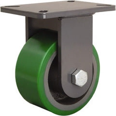 Hamilton - 6" Diam x 3" Wide x 8" OAH Top Plate Mount Rigid Caster - Polyurethane Mold onto Cast Iron Center, 2,200 Lb Capacity, Tapered Roller Bearing, 5-1/4 x 7-1/4" Plate - Exact Tooling