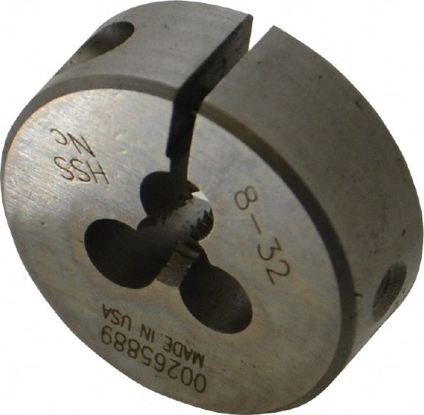 Made in USA - #8-32 UNC Thread, 1" Outside Diam High Speed Steel Round Die - 3/8" Thick, Right Hand Thread, Adjustable - Exact Tooling
