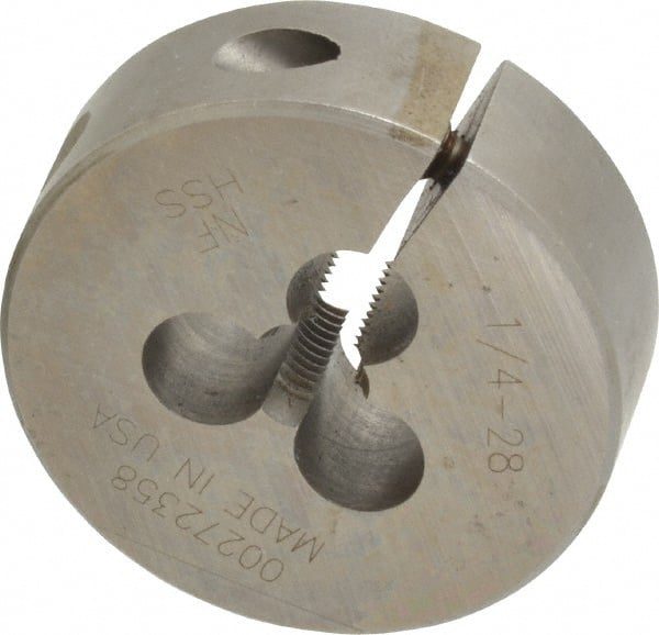 Made in USA - 1/4-28 UNF Thread, 1-1/2" Outside Diam High Speed Steel Round Die - 1/2" Thick, Right Hand Thread, Adjustable - Exact Tooling