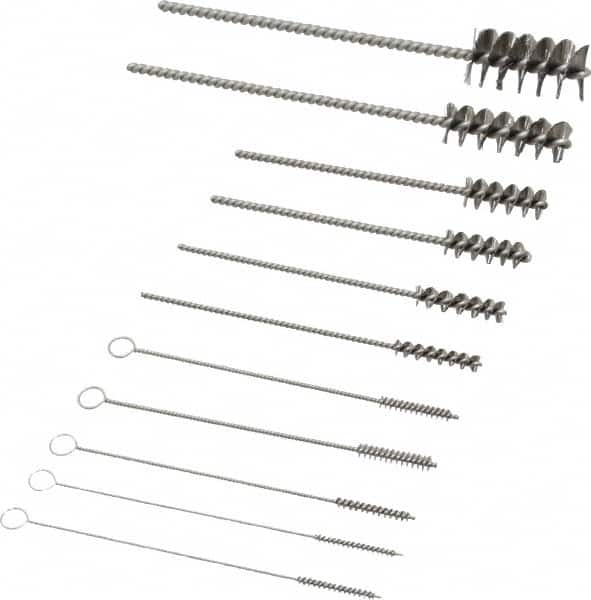 PRO-SOURCE - 11 Piece Stainless Steel Hand Tube Brush Set - 3/4" to 1-1/2" Brush Length, 4" OAL, 0.034" Shank Diam, Includes Brush Diams 1/4", 5/16", 3/8", 1/2" & 3/4" - Exact Tooling