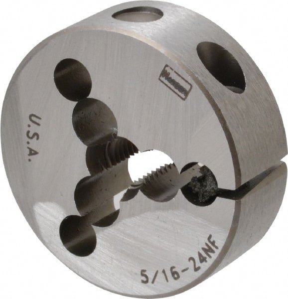 Irwin Hanson - 5/16-24 UNF Thread, 1-1/2" Outside Diam Carbon Steel Round Die - 1/2" Thick, Right Hand Thread, Adjustable - Exact Tooling
