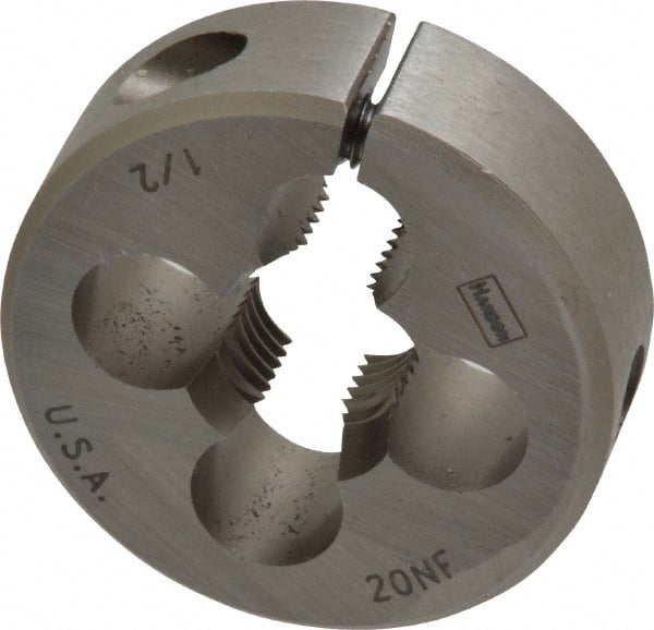 Irwin Hanson - 1/2-20 UNF Thread, 1-1/2" Outside Diam Carbon Steel Round Die - 1/2" Thick, Right Hand Thread, Adjustable - Exact Tooling