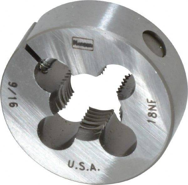 Irwin Hanson - 9/16-18 UNF Thread, 1-1/2" Outside Diam Carbon Steel Round Die - 1/2" Thick, Right Hand Thread, Adjustable - Exact Tooling