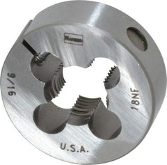 Irwin Hanson - 9/16-18 UNF Thread, 1-1/2" Outside Diam Carbon Steel Round Die - 1/2" Thick, Right Hand Thread, Adjustable - Exact Tooling
