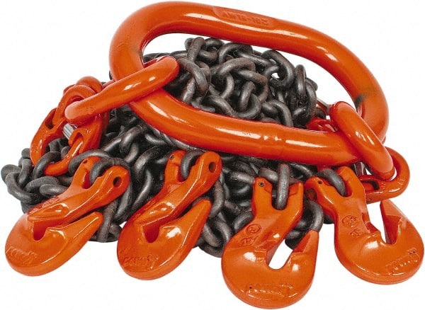 Pewag - 10' Long, 5,500 Lb Basket Capacity, 5,500 Lb Vertical Capacity, Alloy Steel Web Sling - QOG Chain Sling, 7/32" Diam Chain, Silver (Color), with 4 Grab Hooks & Master Link - Exact Tooling