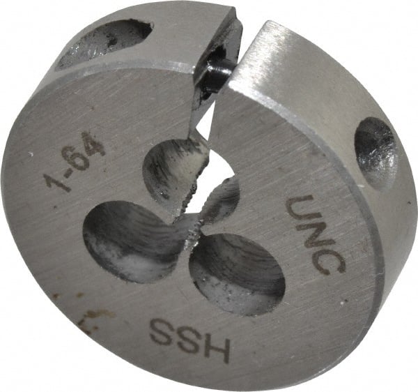 Interstate - #1-64 UNC Thread, 13/16" Outside Diam High Speed Steel Round Die - Right Hand Thread, Adjustable - Exact Tooling