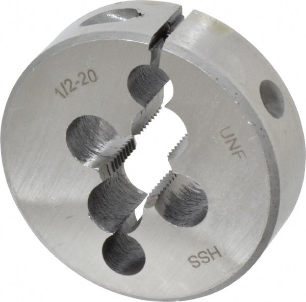 Interstate - 1/2-20 UNF Thread, 2" Outside Diam High Speed Steel Round Die - Right Hand Thread, Adjustable - Exact Tooling