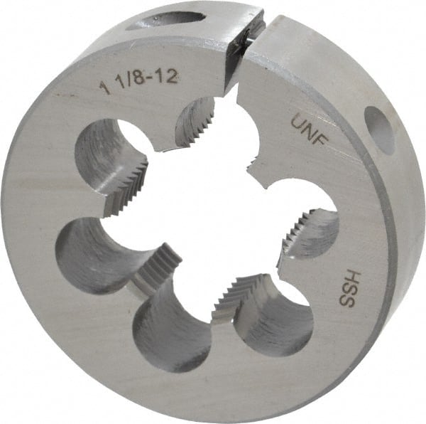 Interstate - 1-1/8 - 12 UNF Thread, 2-1/2" Outside Diam High Speed Steel Round Die - Right Hand Thread, Adjustable - Exact Tooling