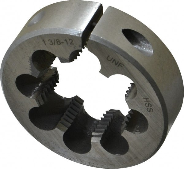 Interstate - 1-3/8 - 12 UNF Thread, 2-1/2" Outside Diam High Speed Steel Round Die - Right Hand Thread, Adjustable - Exact Tooling