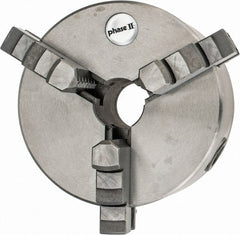 Phase II - 3 Jaws, 5" Diam, Self Centering Manual Lathe Chuck - Plain Back Mount Spindle, Reversible, 1.18" Through Hole Diam, Cast Iron - Exact Tooling