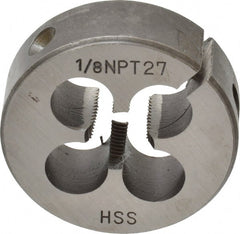 Interstate - 1/8-27 NPT Thread, Round Pipe Die - 1-1/2" Outside Diam, High Speed Steel - Exact Tooling